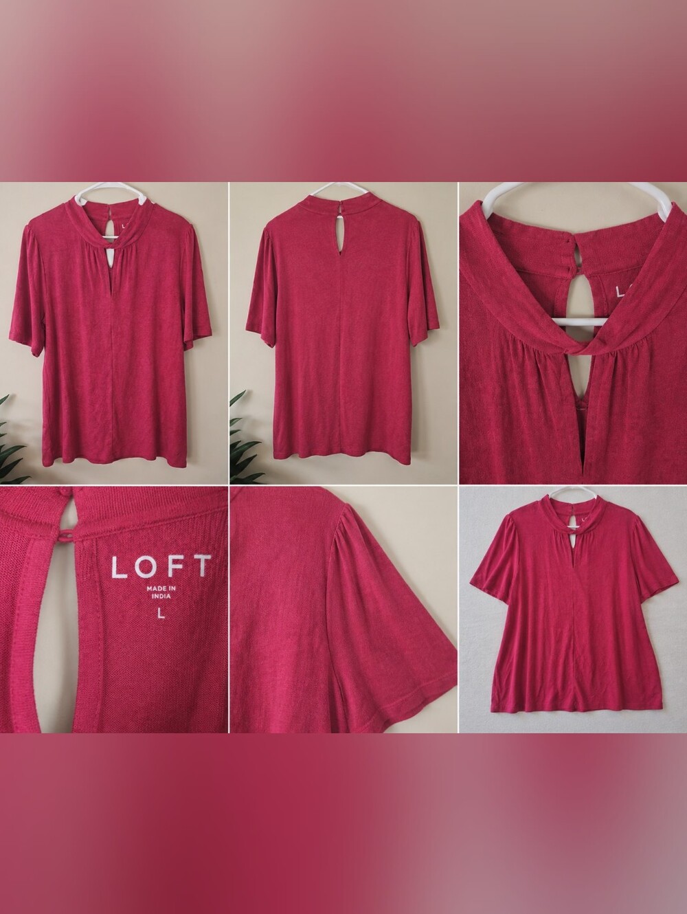 Loft Short Sleeve Keyhole Top in Raspberry